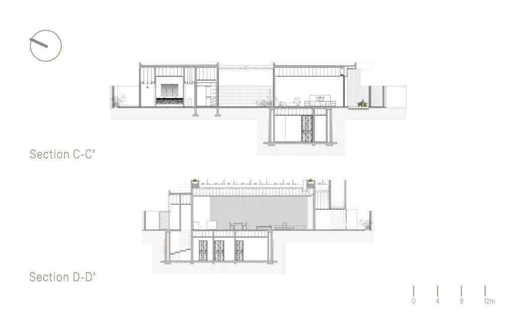 Architectural cross-section drawing showing building elevations, ceiling heights, and subterranean spaces of Casa Loto.