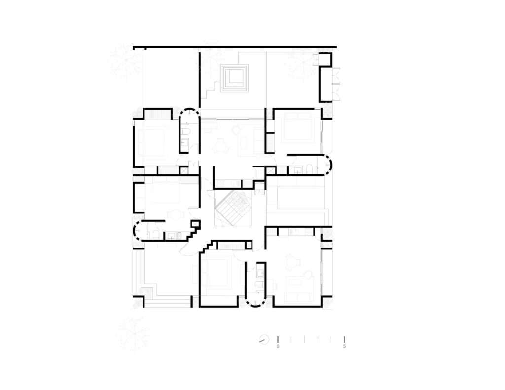 Architectural ground floor plan drawing for Suuel Living project showing room layouts, courtyards, and stairs.