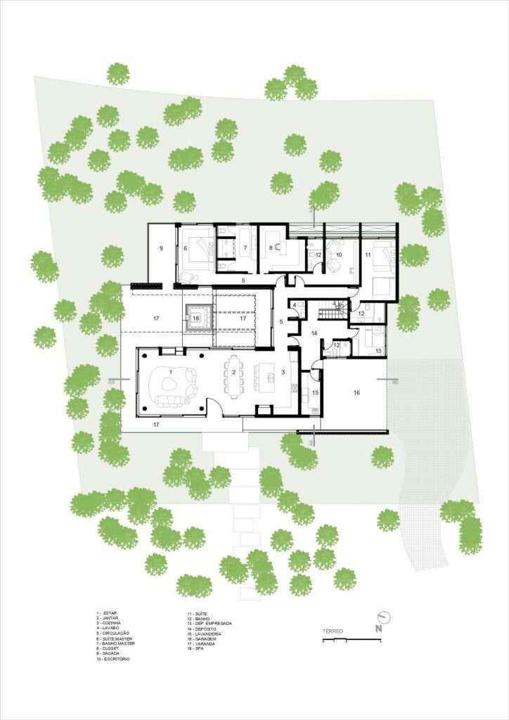 Architectural ground floor plan diagram of Casa de Vidro illustrating room layouts, surrounding trees, and outdoor verandas.