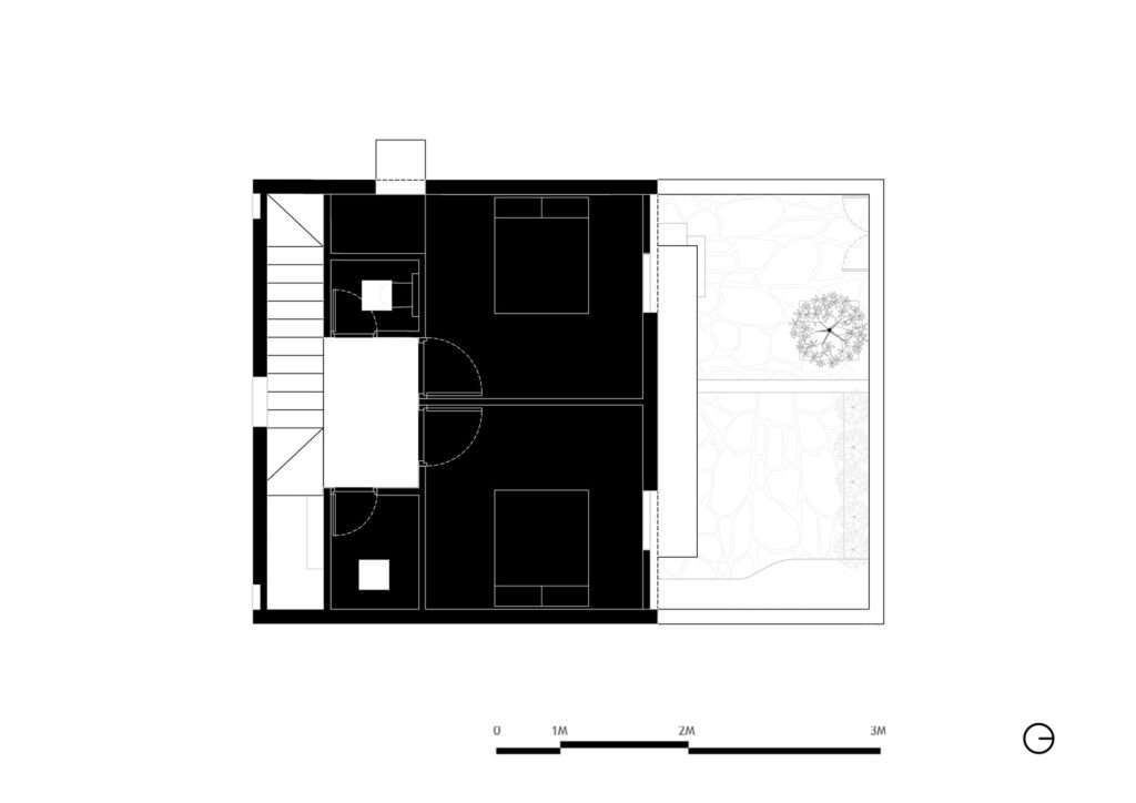 2D architectural first floor plan drawing of Thuraiyur Farmhouse, showing two bedrooms, bathrooms, a central void over the living area, and an outdoor courtyard cutaway.