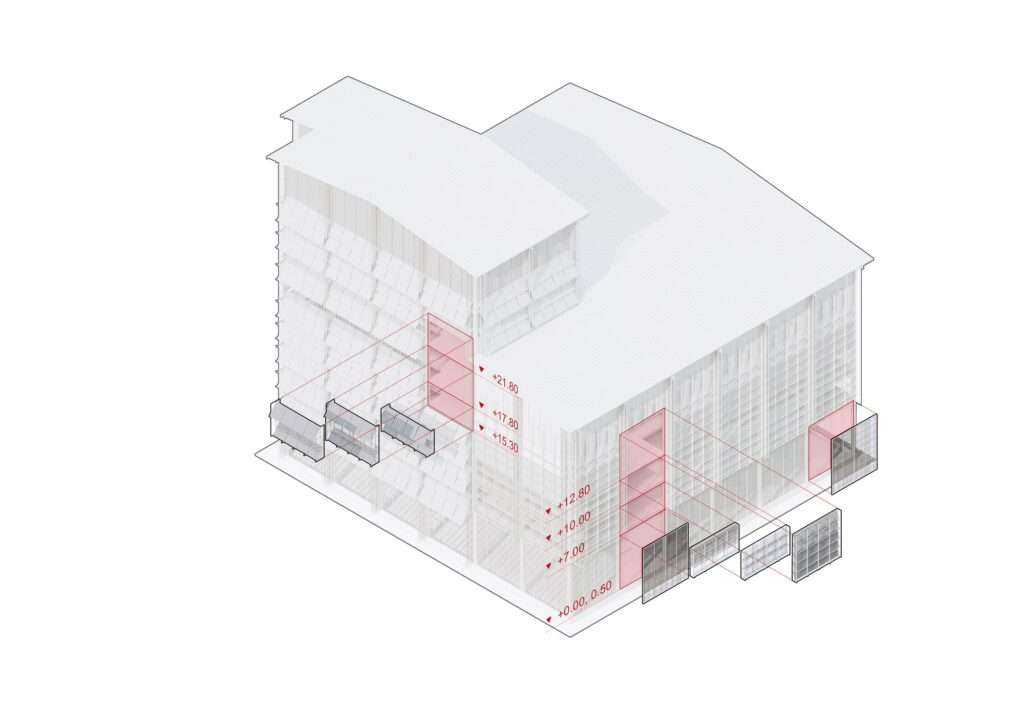 3D exploded architectural diagram showing facade panel modules, floor levels, and structural layering of the industrial building.