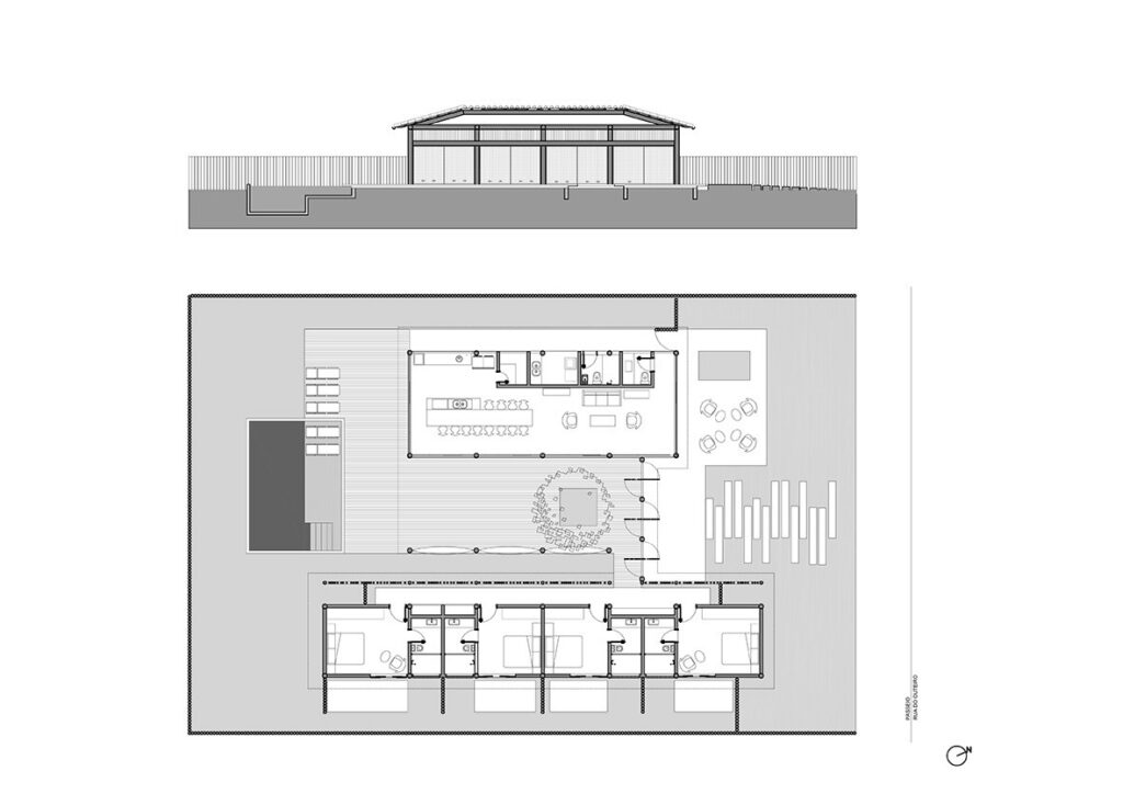 Architectural floor plan drawing and elevation section of Ichiguin House illustrating space layout, zoning, and site orientation.