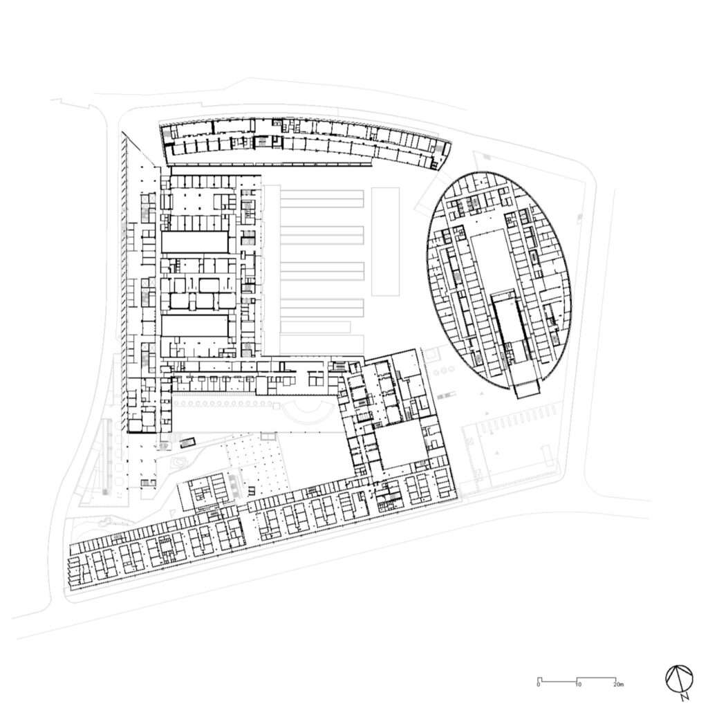 Architectural floor plan drawing of Hospital del Mar expansion showing U-shaped layout and spatial organization.