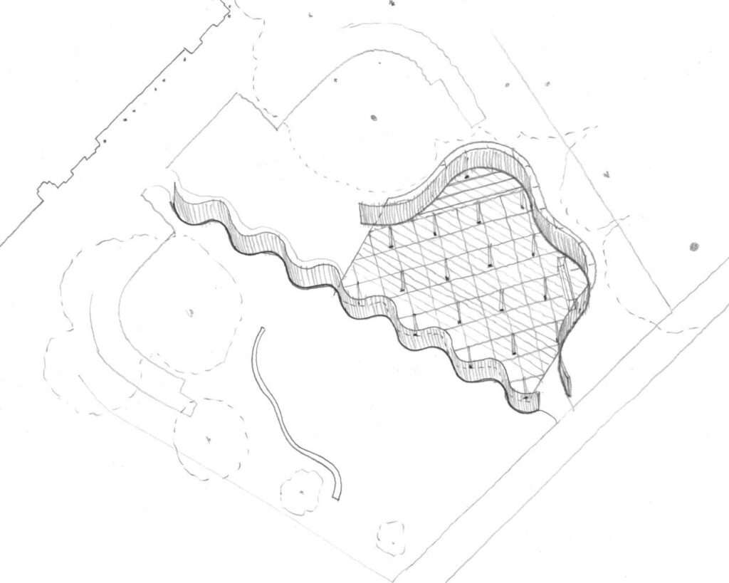 Hand-drawn architectural sketch showing the plan of the Serpentine Pavilion