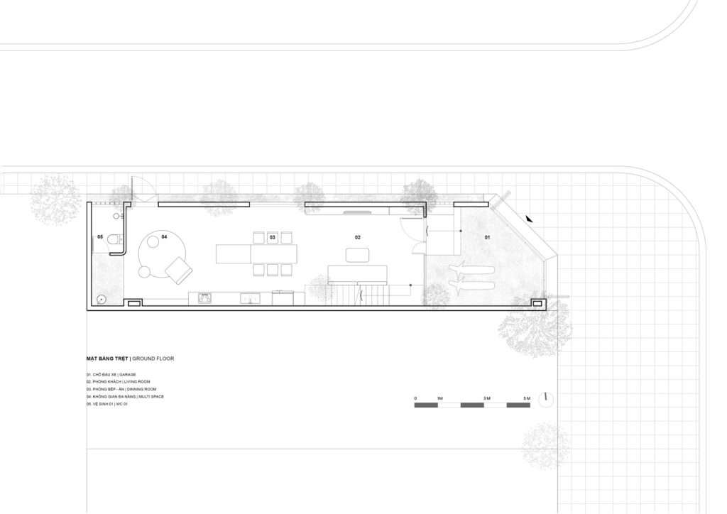 Black and white architectural ground floor plan drawing for Inner Courtyard House showing garage, living room, dining room, kitchen, multi-space, and bathroom layout.