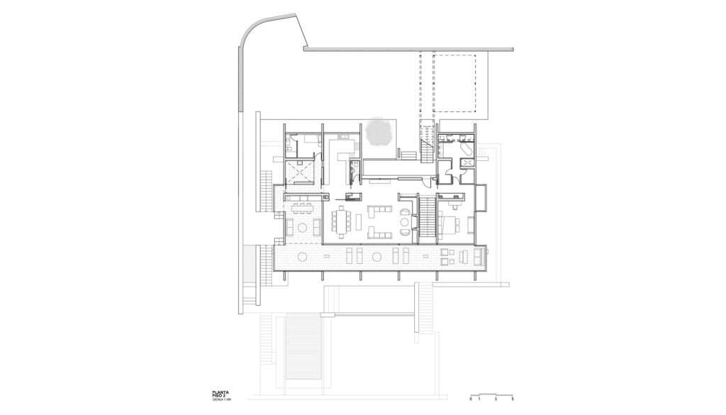 Architectural floor plan drawing of the upper main level (Piso 2) of Casa Zapallar showing the living area, kitchen, master bedroom, and wide cantilevered deck.