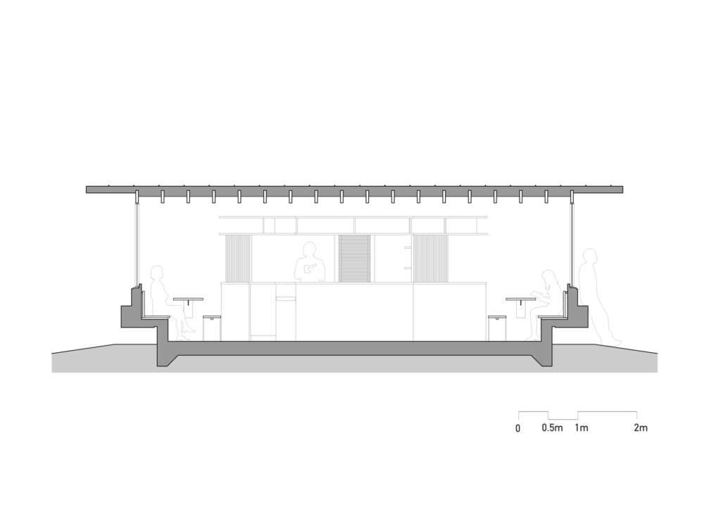 Architectural section drawing of Cafe N+ illustrating structural roof rafters, interior height, counter scale, seating ergonomics, and human figures.