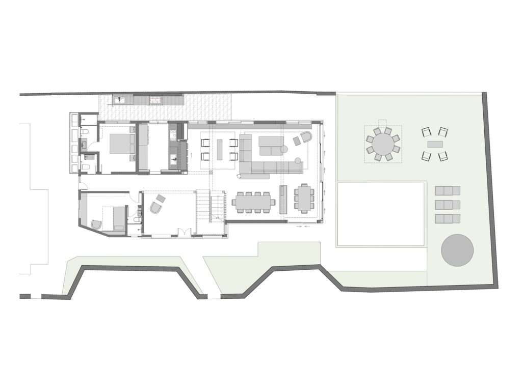 Ground floor architectural plan layout of Casa ADS showing interior rooms, outdoor deck, swimming pool, and site boundary.