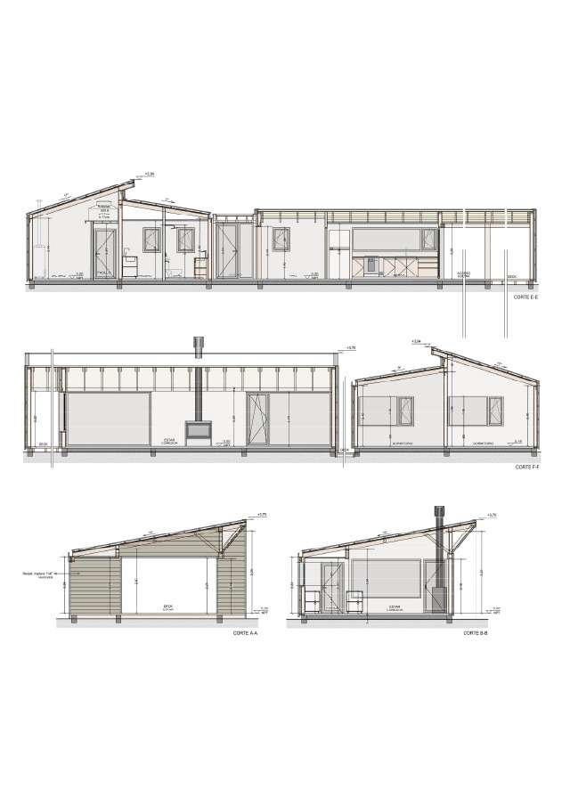 Detailed architectural section drawing of Casa El Trébol showing sloped roof profiles, interior room layouts, elevated foundation piers, and structural details.