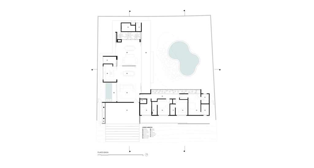 Architectural ground floor plan (Planta Baixa) of Refugio House showing L-shaped room distribution, garage, bedrooms, social areas, and curved pool.