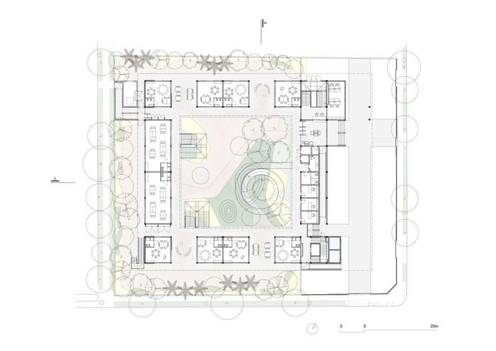 Architectural ground floor plan drawing showing peripheral classrooms surrounding a central green courtyard with a circular ramp and surrounding trees.