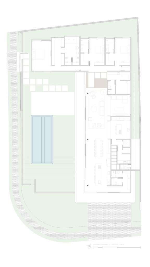 Architectural drawing of the second floor plan of Casa da Mata illustrating the L-shaped layout with bedroom wing, open living pavilion, and swimming pool.