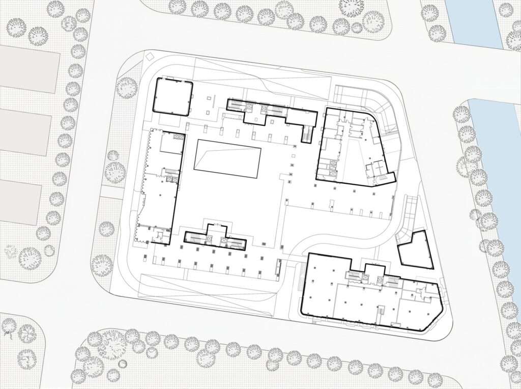 Black and white 1F ground floor architectural plan of the Juhua Huijia senior housing development displaying building layouts, inner courtyard, and surrounding urban streets.
