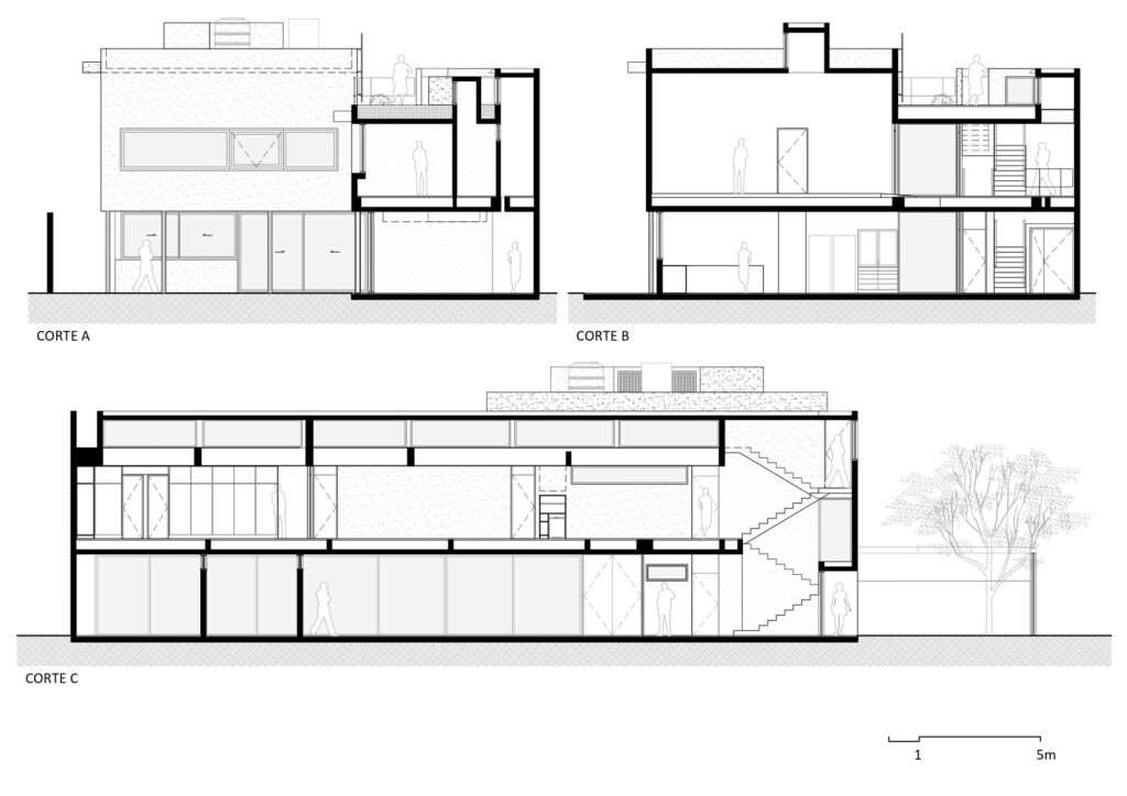 Architectural building section drawing cuts showing two-story structural heights, skylights, stairwell, and internal height relationships.
