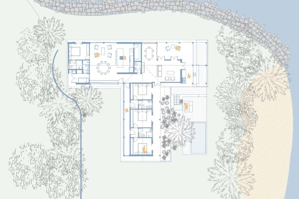 Architectural floor plan layout of the L-shaped coastal house showing room distribution, internal courtyards, swimming pool, surrounding gardens, and adjacent ocean shore.