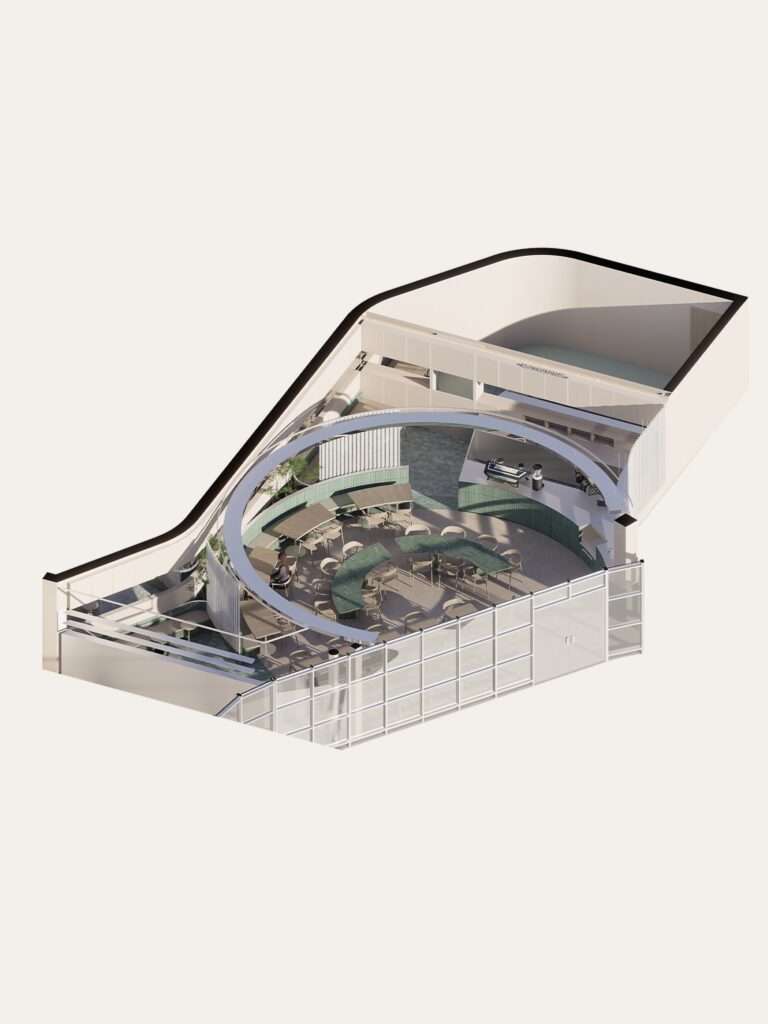 3D axonometric isometric diagram of Raheeq Ohm architectural layout showing concentric rings and circular counter.