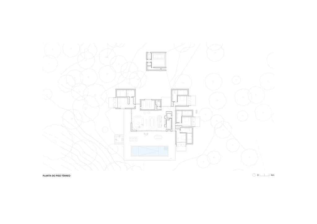 Architectural ground floor plan diagram of Muda L13 House showing room layout, courtyards, and pool.