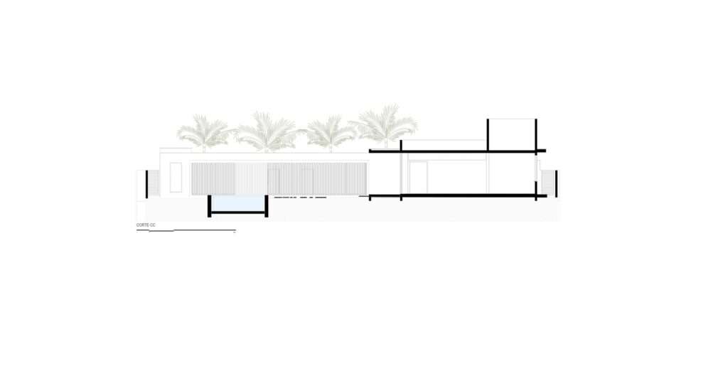Architectural cross-section drawing (Corte CC) of Refugio House illustrating building height, water basin element, vertical louvers, and roof profile.