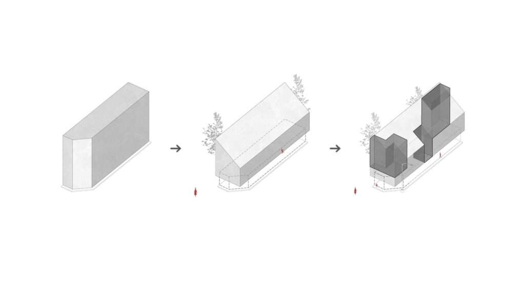 Three-step architectural diagram showing the evolution from a solid corner site mass to a sloped-roof volume and carved-out courtyard voids.