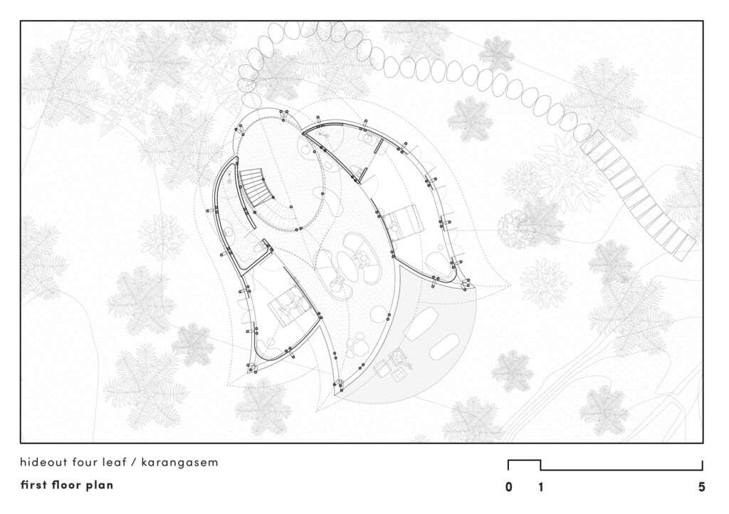 A detailed architectural line drawing of the first-floor plan for the Hideout Four Leaf project in Karangasem, showing an organic, multi-curved footprint with integrated furniture, stairs, and structural columns within a site of palm trees.