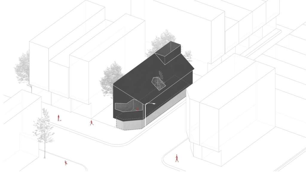 Axonometric urban context diagram illustrating the Inner Courtyard House highlighted in dark tone amidst surrounding neighborhood buildings on a street corner.
