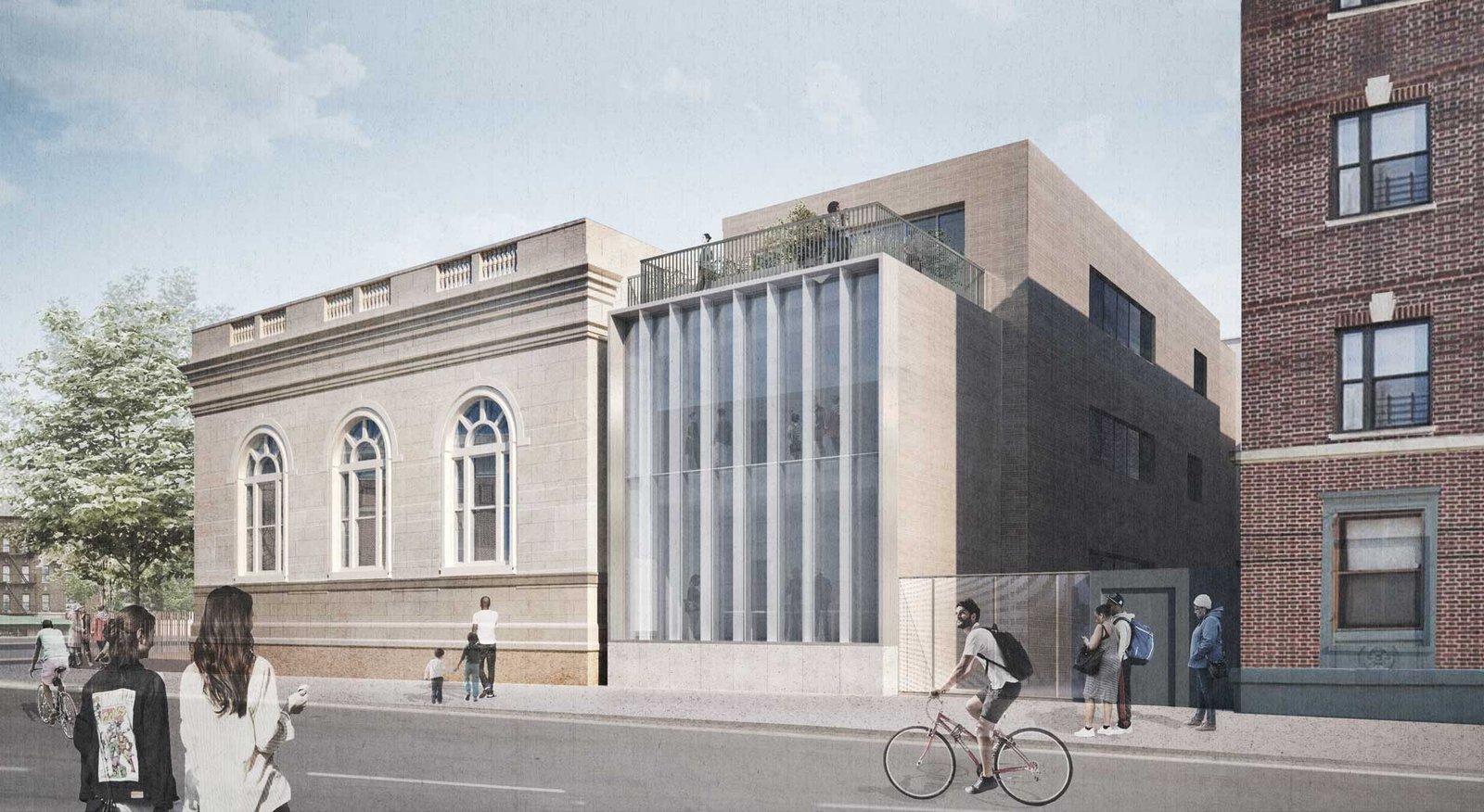 Street-level perspective showing the historic library exterior next to a new modern three-story wing