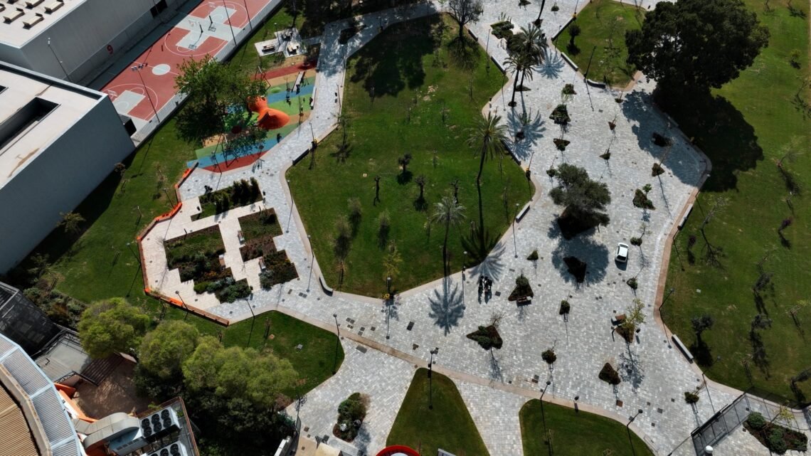 Aerial view of paths between lawns and activity areas.
