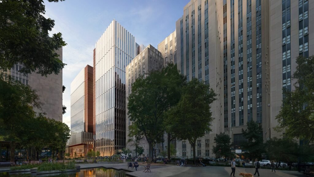 Exterior view showing the high-rise structure, vertical facade modules, and surrounding Chinatown urban context.