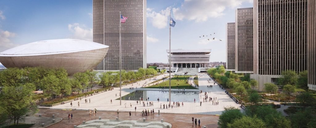 Proposed lawn with native planting replacing the large reflecting pool at Empire State Plaza