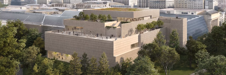 Aerial rendering showing tiered wing massing with stone celosia cladding and rooftop terraces amidst park canopy