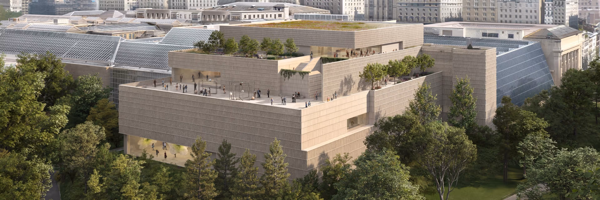Aerial rendering showing tiered wing massing with stone celosia cladding and rooftop terraces amidst park canopy