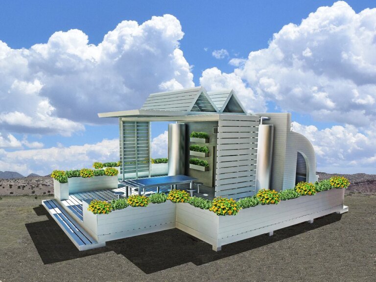 Eco-Oasis Pavilion concept with a curved greenhouse, shaded deck and planters