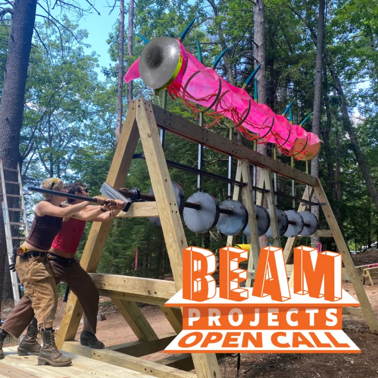 Beam Camp 2027 open call poster showing a large timber structure in a forest and the November 30 proposal deadline