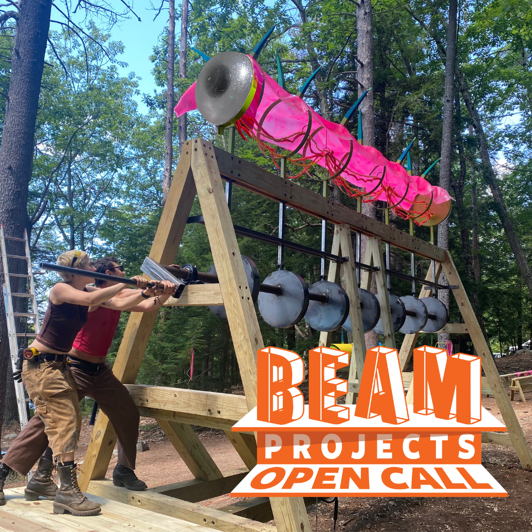 Beam Camp 2027 open call poster showing a large timber structure in a forest and the November 30 proposal deadline