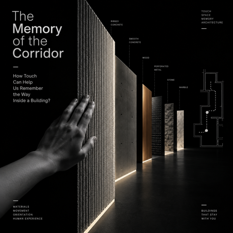 Hand touching ribbed concrete beside material panels and a corridor route diagram.