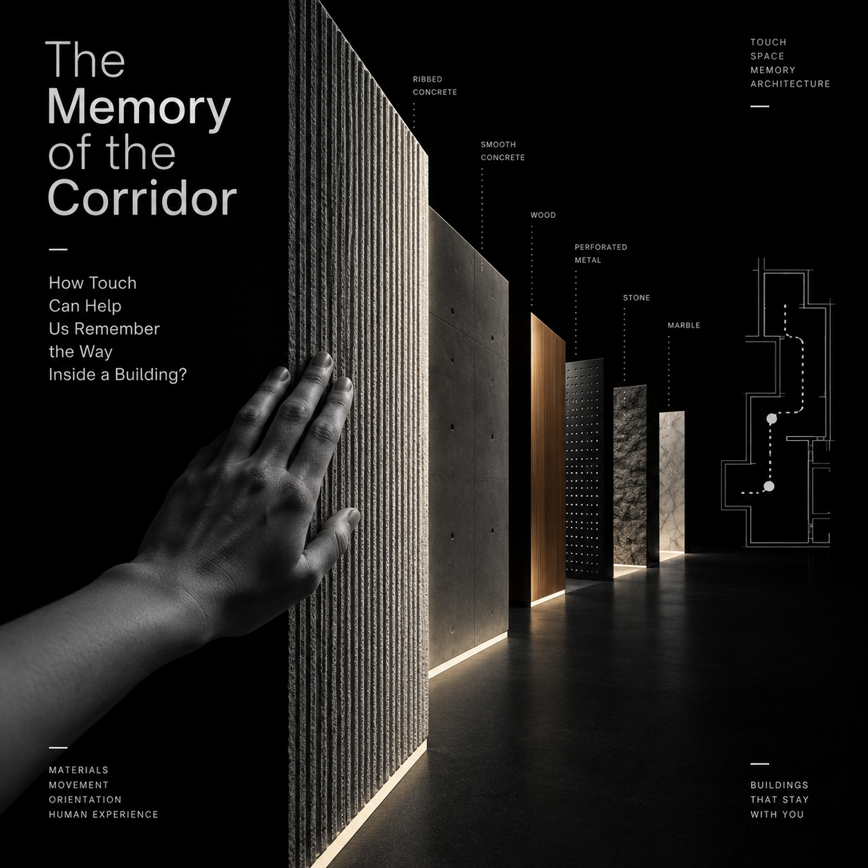 Hand touching ribbed concrete beside material panels and a corridor route diagram.