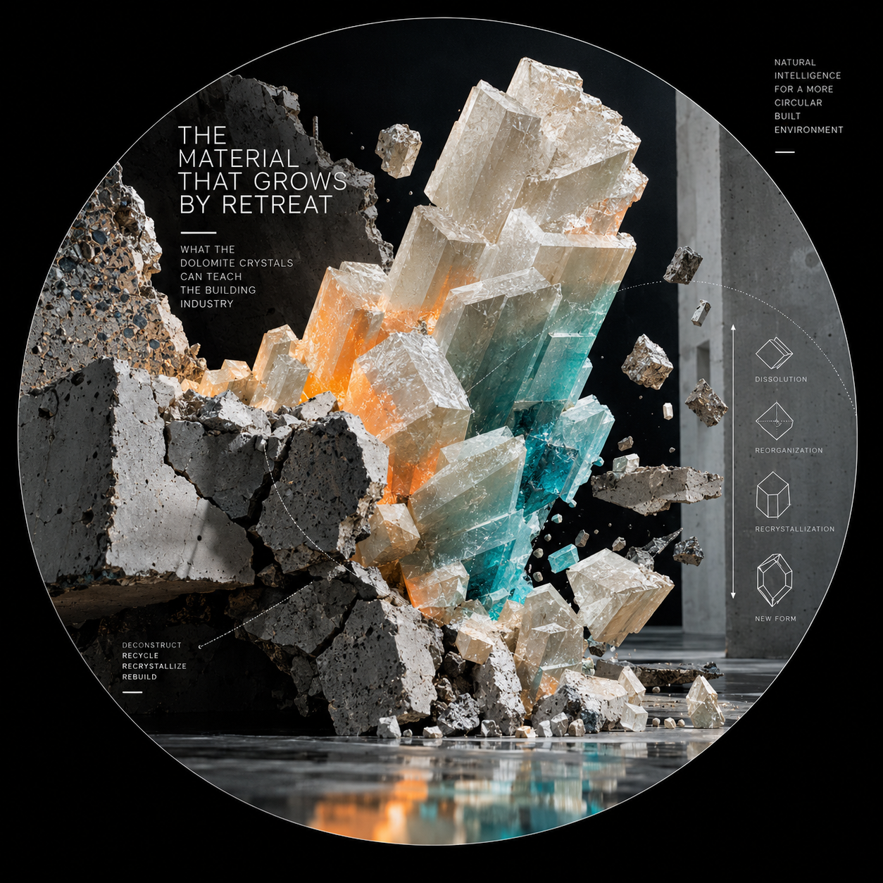 Conceptual illustration of translucent crystals emerging through fractured concrete, with orange and turquoise highlights.