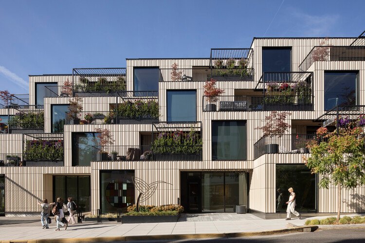 Ellen Browning Building with stepped planted terraces above street-level glazing