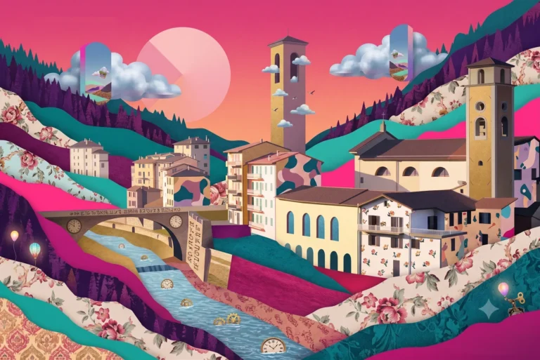 House of Poetry competition visual showing a red book above a hill town and green landscape