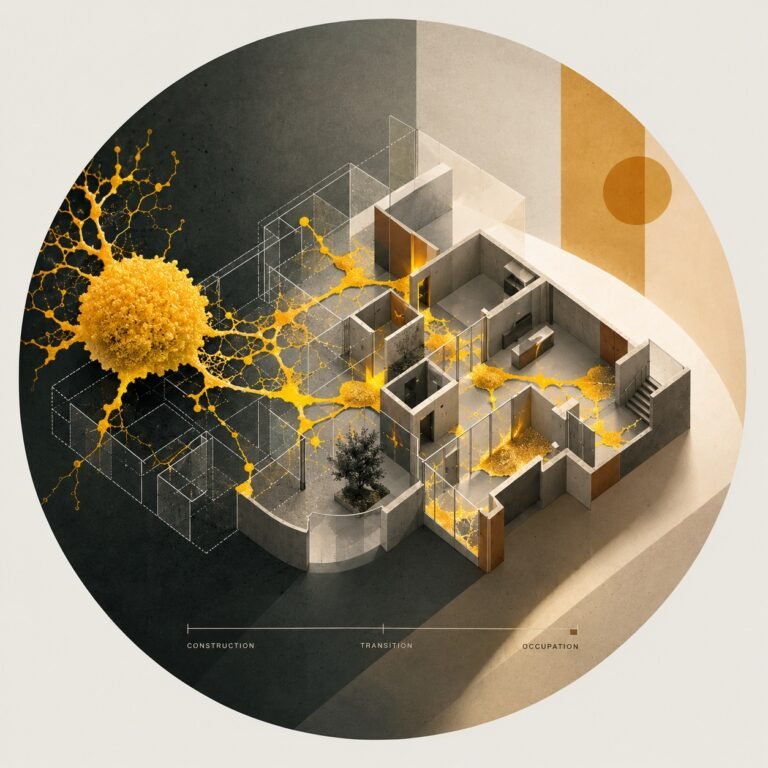 Conceptual illustration of yellow slime mould networks extending through an architectural cutaway and construction outlines.