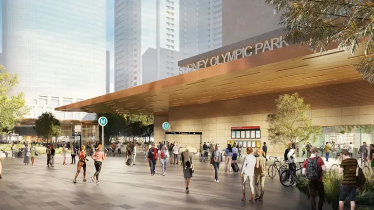 Artist&rsquo;s impression of the future Sydney Olympic Park metro station entrance and public plaza