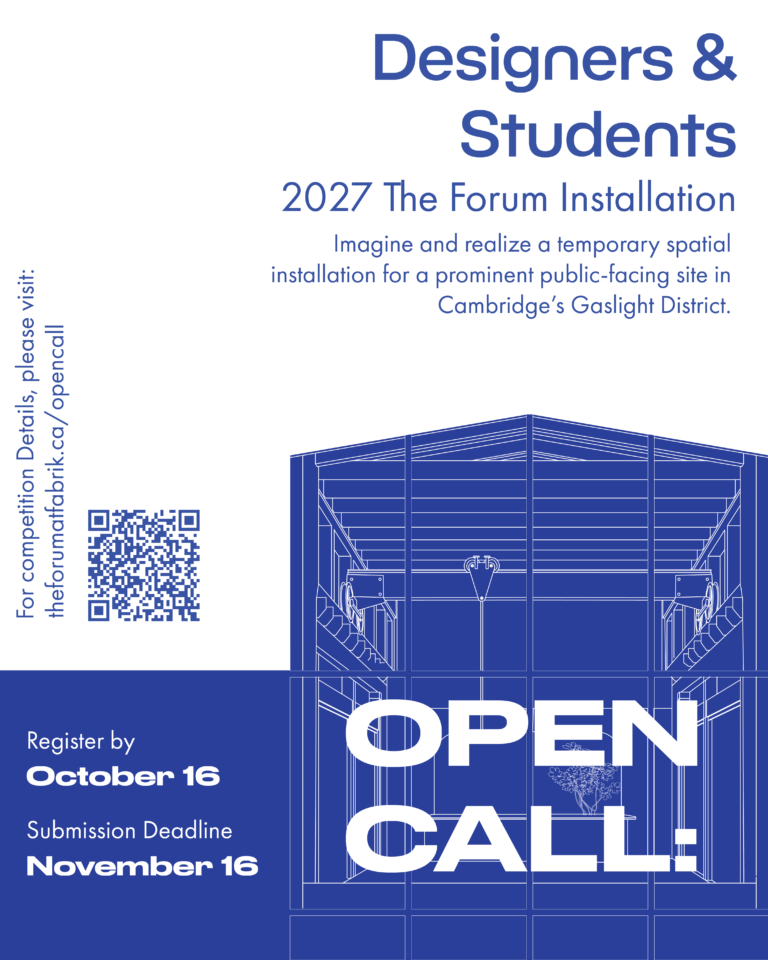 Blue and white Forum Installation 2027 poster with an architectural drawing and October 16 registration and November 16 submission dates