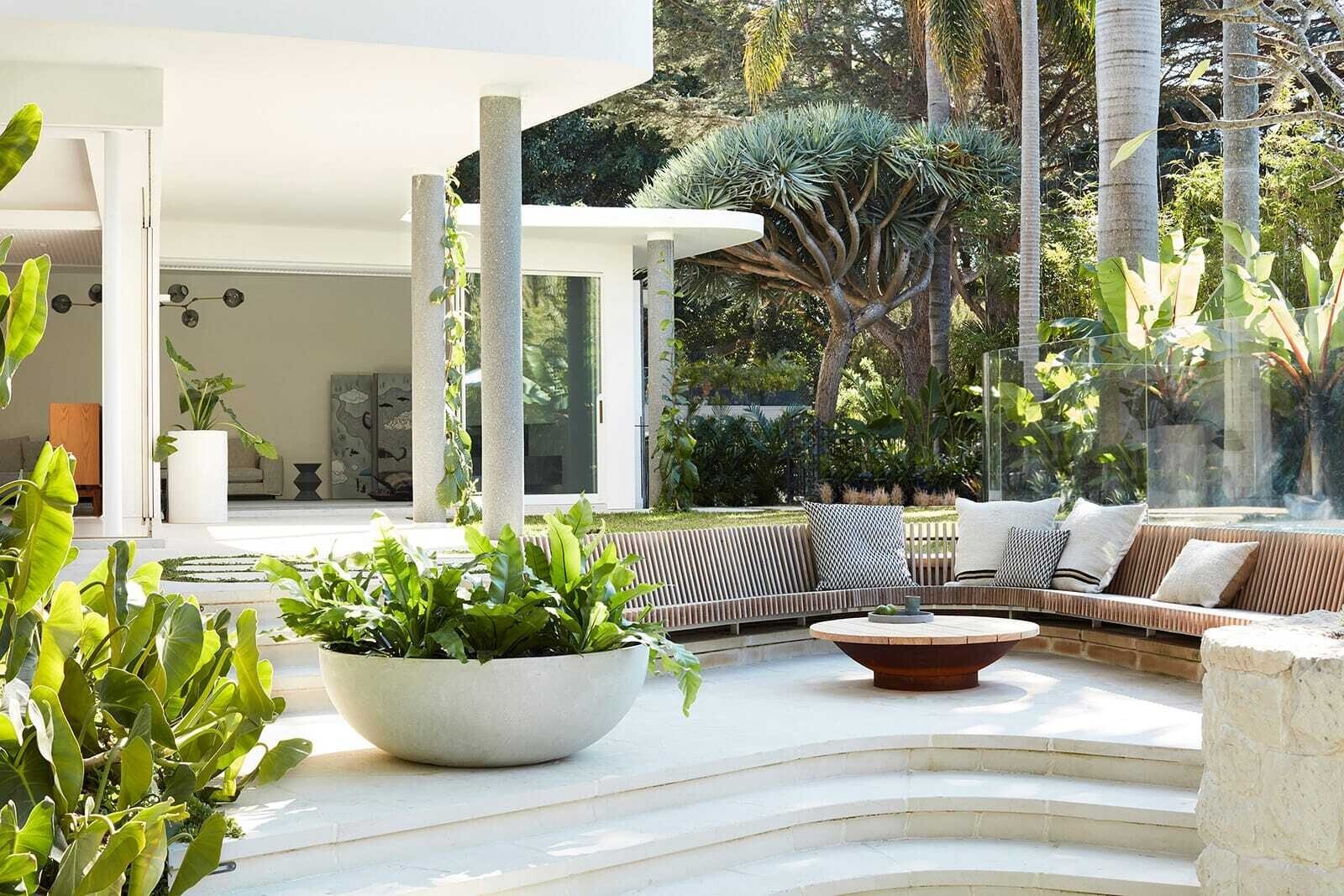 Built-in garden seating among planting