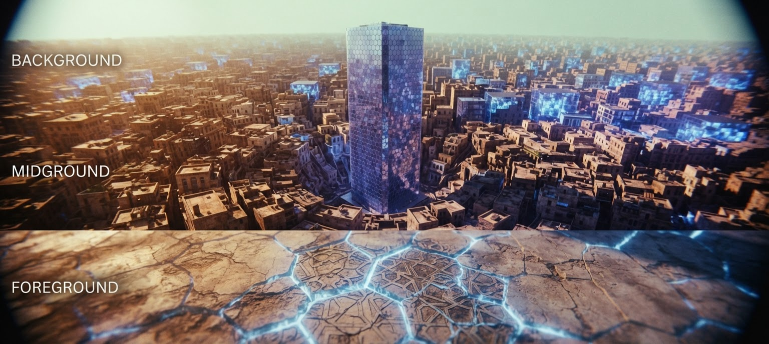 Aerial view of a monolithic iridescent glass tower reorganizing and fracturing a traditional stone urban fabric like an architectural infection.