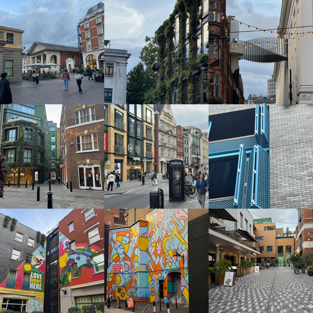 Collage of London street scenes featuring colourful murals, modern architecture, living plant walls, and urban spaces