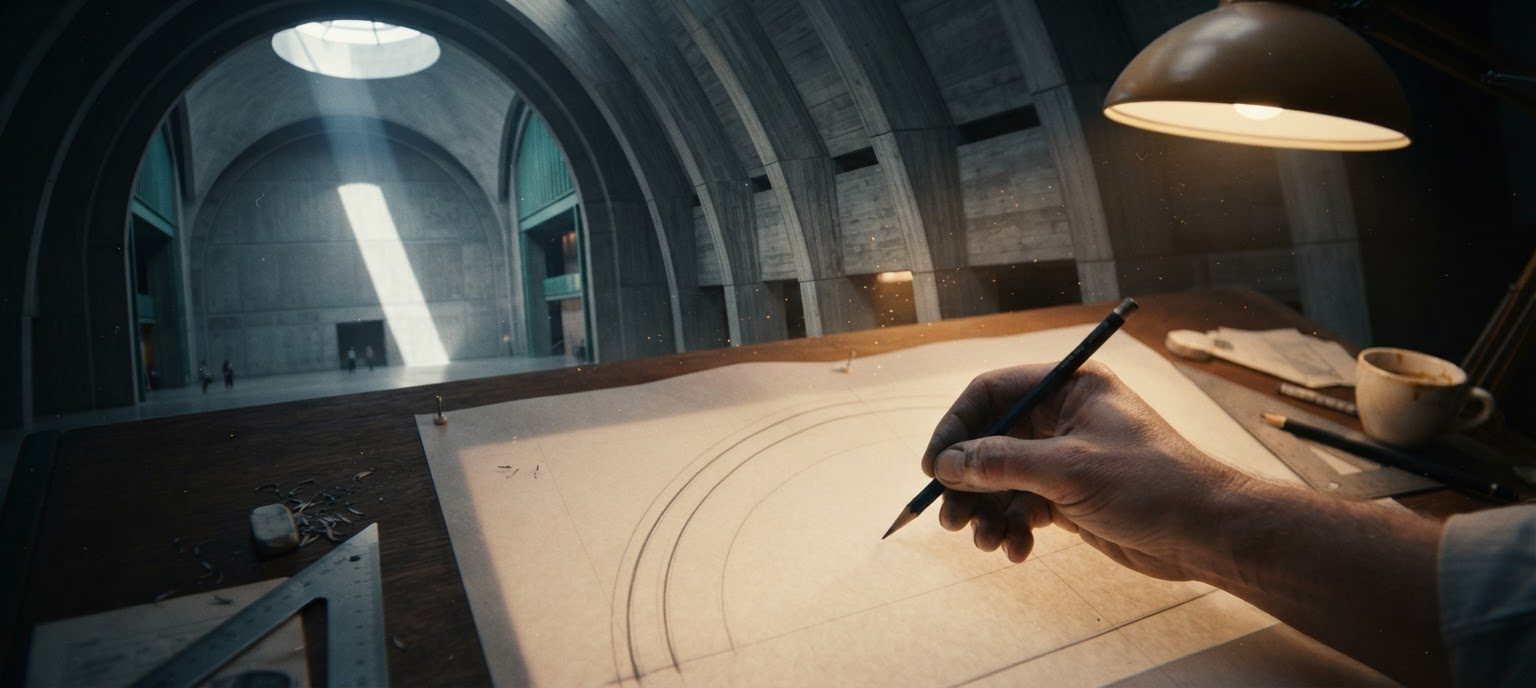 An architect's hand sketching on tracing paper as the graphite line physically transforms into a monumental raw concrete interior.