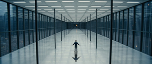 A solitary figure in a vast glass open-plan office illustrating spatial terror and involuntary architectural exposure