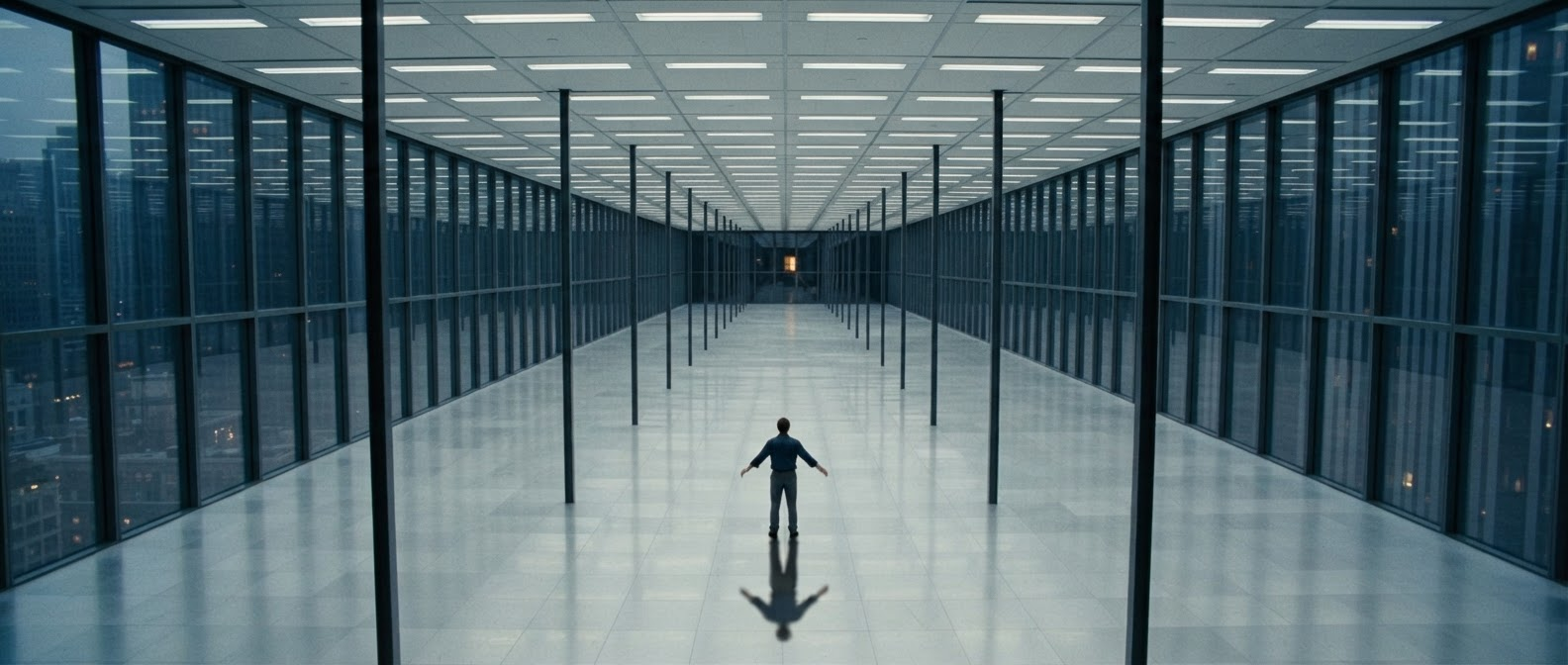 A solitary figure in a vast glass open-plan office illustrating spatial terror and involuntary architectural exposure