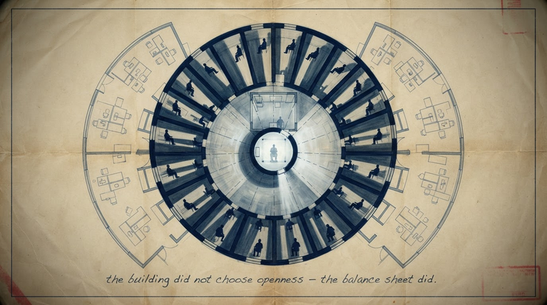 Architectural cross-section blueprint of Bentham's Panopticon overlaid with a contemporary open-plan office floor plan, illustrating Foucault's thesis on surveillance and spatial power in the built environment