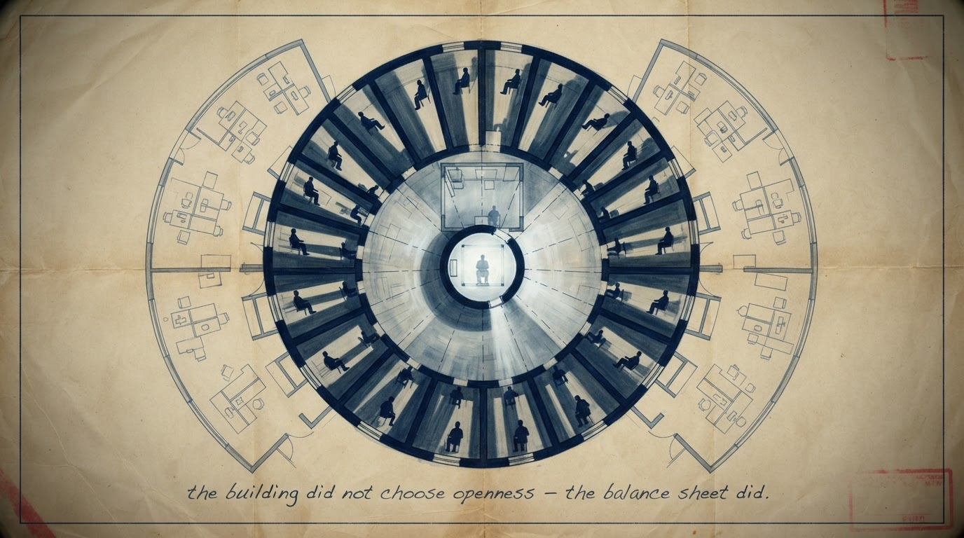 Architectural cross-section blueprint of Bentham's Panopticon overlaid with a contemporary open-plan office floor plan, illustrating Foucault's thesis on surveillance and spatial power in the built environment